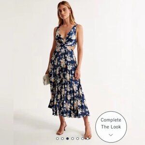 Abercrombie & Fitch Satin Pleated Cutout Maxi Dress Navy Blue Floral, Size XXS P